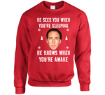 He Sees You When Youre Sleeping He Knows When Youre Awake Funny Nicholas Cage Ugly Christmas Sweater Crewneck Sweatshirt