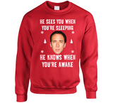 He Sees You When Youre Sleeping He Knows When Youre Awake Funny Nicholas Cage Ugly Christmas Sweater Crewneck Sweatshirt