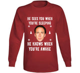 He Sees You When Youre Sleeping He Knows When Youre Awake Funny Nicholas Cage Ugly Christmas Sweater Crewneck Sweatshirt